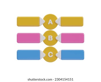 three colorful buttons with the number of a, b and c on them
