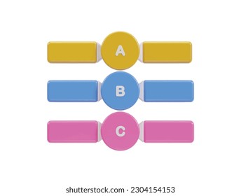 tres botones coloridos con el número de a, b y c sobre ellos