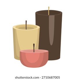 Tres velas coloridas de diferentes tamaños sobre fondo blanco Palabras claves: velas, colorido, tres