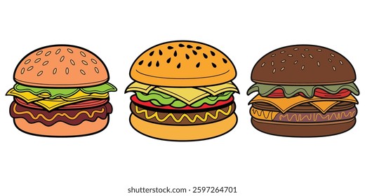Three Colorful Cartoon Burgers, Cartoon Burgers