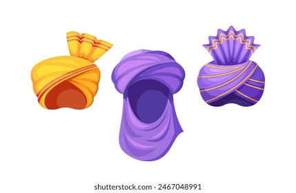 Three Colorful Cartoon Turbans, Vector Traditional Eastern Headwear Feature Vibrant, Detailed Designs