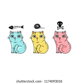 Three colorful cats on white background. Great for greeting cards, prints, stickers, wall art. Bright colors, cute cartoon style. Flat design.