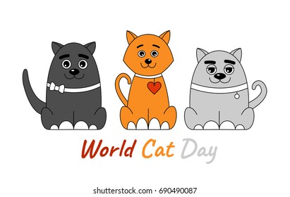 Three colorful cats.Isolated on white background. World cat day card.Cartoon style. Vector illustration