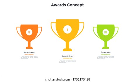 Tres coloridas tazas de campeón o goblets. Concepto de 3 plazas en competición de negocios, concurso, torneo. Plantilla sencilla de diseño infográfico. Ilustración vectorial plana moderna para presentación, pancarta.