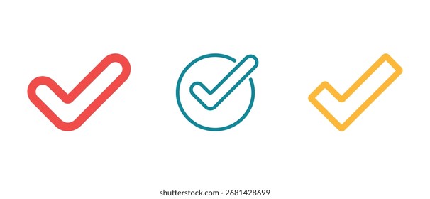 Tres iconos coloridos de la marca de verificación fijados con diversos estilos en el fondo blanco. Iconos vectoriales modernos, que representan confirmación, Aprobación o finalización.