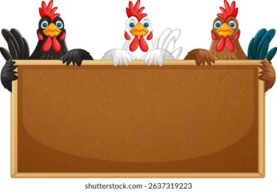 Three colorful chickens with a wooden sign