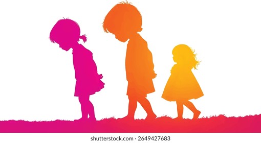 Three colorful children are walking in a line. The girls are in silhouette, and the colors are vibrant. They are walking in a garden on a sunny day. It is a happy scene.
