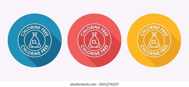 Three Colorful Chlorine-Free Icons. Modern Flat Design, Long Shadow Style