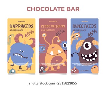 Three colorful chocolate bar labels designed for kids feature whimsical monster characters. Each label highlights unique chocolate flavors from exotic countries