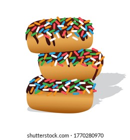 three Colorful chocolate donut vector set isolated on white background