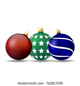 Three colorful christmas balls with shadow on white background., vector illustrtion