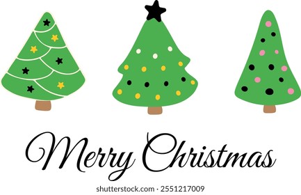 Three Colorful Christmas Trees with Merry Christmas Festive Flat Design