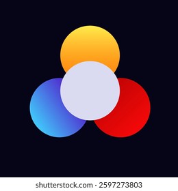 Three colorful circles overlap forming new shades vibrant orange, purple, and red. simple style.