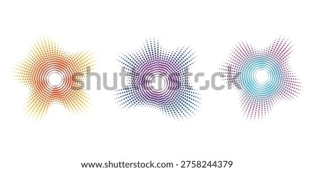Three colorful circular halftone abstract patterns with radial dot gradients on a white background