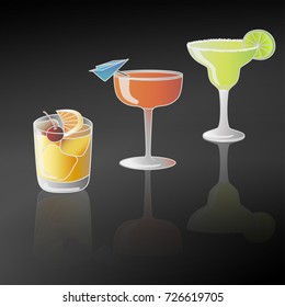 Three colorful cocktails in different glasses with lime, orange and cherry decoration and their reflection shadow against black background. Cocktail night bar party. Hand drawn vector illustration