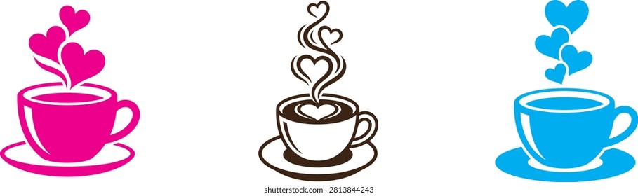Three colorful coffee cup logo illustrations with heart-shaped steam rising, ideal for branding coffee shops, cafes, or love-themed businesses.