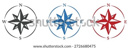 Three colorful compass roses showing cardinal directions for navigation and guidance
