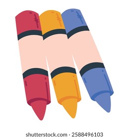 Three colorful crayons for drawing and creativity