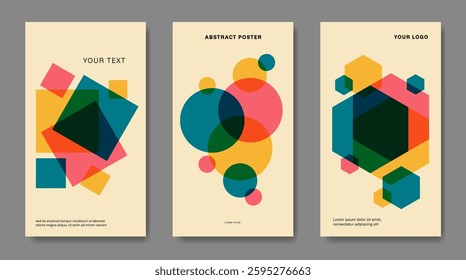 Three colorful creative posters with geometric elements overlapping each other.