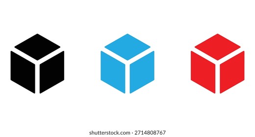 Three colorful cube shapes in black, blue, and red on white background