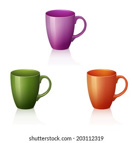 three colorful cups with reflection and shadow on a white background