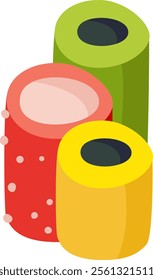 Three colorful cylindrical candies with holes in the center forming a stack, isolated on a white background, perfect for projects related to sweets, candy shops, or confectionery