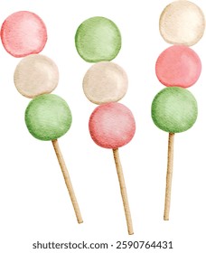 Three colorful dango illustration, traditional Japanese rice dumplings on sticks in watercolor style
