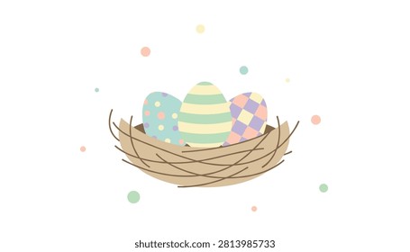 Three colorful decorated easter eggs with polka dots, stripes, and squares placed gently inside a rustic twig nest.