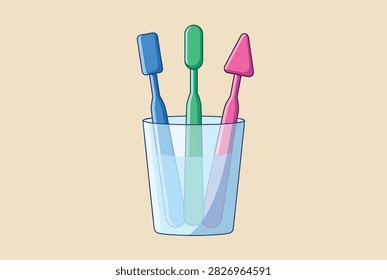 Three colorful dental toothbrushes with unique geometric heads sitting inside a clear glass, flat vector art.