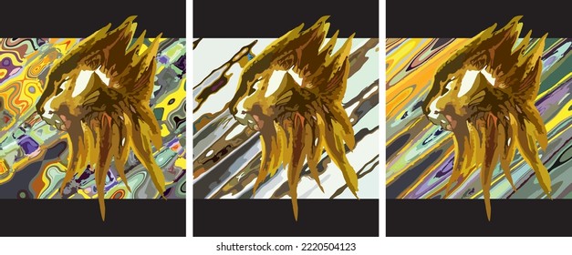 Three colorful diagonal backgrounds with lion head inside. Triptych - diagonal bursts with the head of a young lion for interior solutions, covers,  prints, fashion, fabrics, wallpaper, posters, etc.