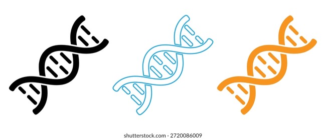 Três estruturas coloridas de dupla hélice de DNA em preto, azul e laranja no branco