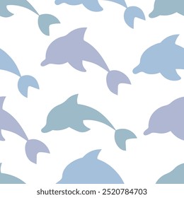 Three colorful dolphins. Seamless vector pattern. Endless ornament of sea mammals diving into the waves. Isolated colorless background. Flat style. Ocean inhabitant. Idea for web design.