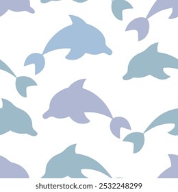 Three colorful dolphins. Seamless vector pattern. Endless ornament of sea mammals diving into the waves. Isolated colorless background. Flat style. Ocean inhabitant. Idea for web design.