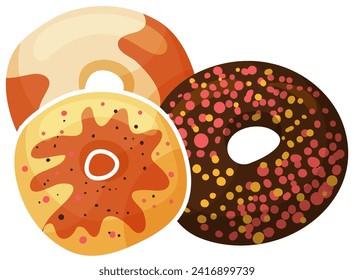 Three colorful donuts with sprinkles on white. Delicious sweet sugary doughnuts with icing. Dessert and bakery concept vector illustration.