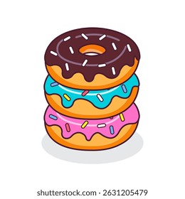 Three colorful donuts stacked with fun toppings in kawaii style, perfect for sweet-themed projects.