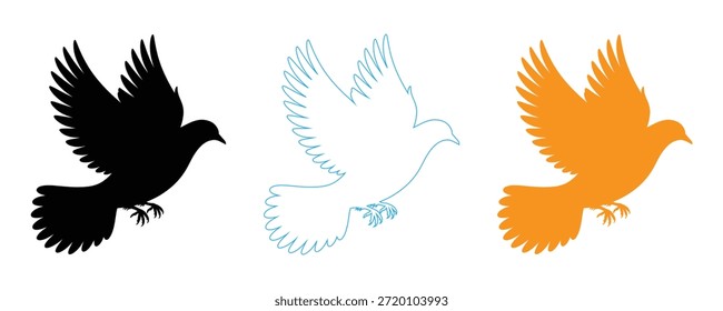 Três pombas coloridas em voo sobre fundo branco