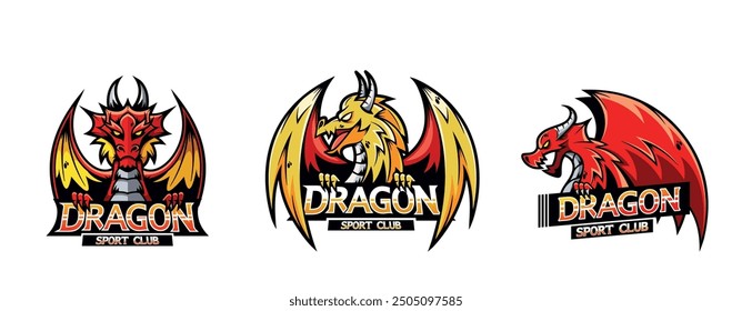 Three Colorful Dragon Sport Club Logos Featuring Fierce Dragon Designs With Vibrant Colors And Dynamic Poses