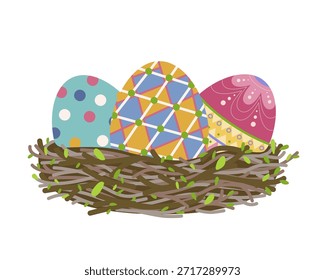 Three colorful Easter eggs decorated with polka dots, geometric patterns, and intricate designs rest in a nest. This vibrant vector illustration embodies the festive spirit of Easter.