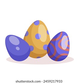 Three colorful Easter eggs with decorative patterns on a plain background, representing the Easter celebration, Vector illustration. Vector illustration