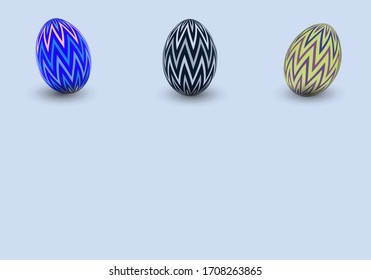 Tres coloridos huevos de Pascua a distancia en fondo azul.ilustración vectorial.