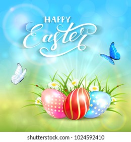 Three colorful Easter eggs with grass and flowers. Blue nature background with sun beams and lettering Happy Easter, illustration.