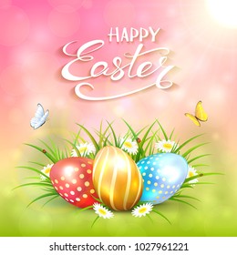 Three colorful Easter eggs with grass and white flowers. Pink nature background with sun beams in corner and lettering Happy Easter, illustration.