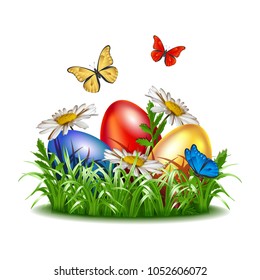 Three colorful Easter eggs in grass with flying butterflies and white chamomiles. Design for easter greetings card, banner, wallpaper or poster. Vector illustration isolated on white background.