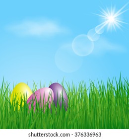Three colorful Easter Eggs in the grass on sunny sky background. Vector illustration.