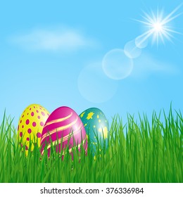 Three colorful Easter Eggs in the grass on sunny sky background. Vector illustration.