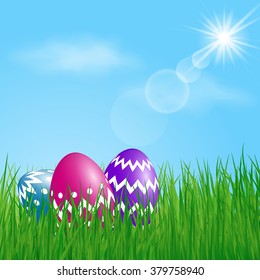 Three colorful Easter Eggs in the grass on sunny sky background. Vector illustration.