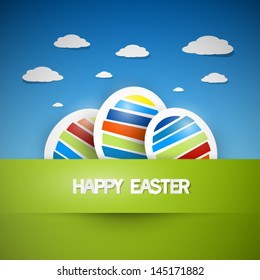 Three colorful easter eggs on green grass with blue sky on background, Happy Easter celebration, vector