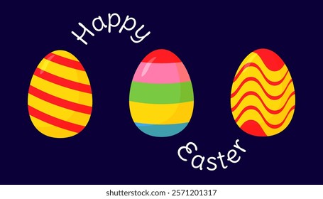 Three colorful Easter eggs with stripes and waves, set against a dark background, with Happy Easter text. Festive holiday concept