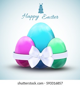 Three colorful easter eggs with white bow on light background realistic vector illustration