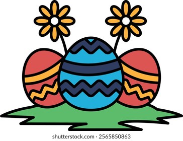 Three colorful eggs are sitting on a green grassy area. The eggs are decorated with stripes and are surrounded by flowers. Concept of springtime and new beginnings